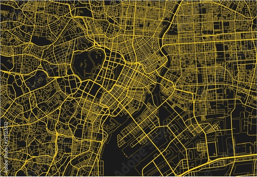Fotomural Black and yellow vector city map of Tokyo with well organized separated layers