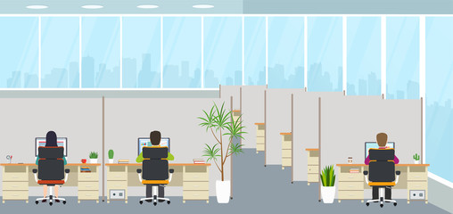Modern office interior with employees. Office space with panoramic windows, creative workplace.