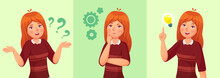 Teen Girl Think. Confused Young Female Teenager, Thoughtful Girl Student And Answering Question Vector Cartoon Illustration