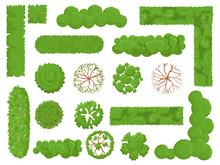 Top View Trees And Bushes. Forest Tree, Green Park Bush And Plant Map Elements Look From Above Isolated Vector Set