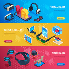 Poster - Augmented reality. Isometric virtual reality wireless headset communication banners vector illustration