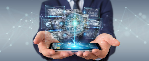 Poster - Businessman using wireframe holographic 3D digital projection of an engine
