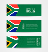 Set Of Three Horizontal Banners With Flag Of South Africa. Web Banner Design Template In Color Of South Africa Flag.