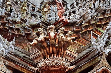 Wooden sculptures on the Asian temple