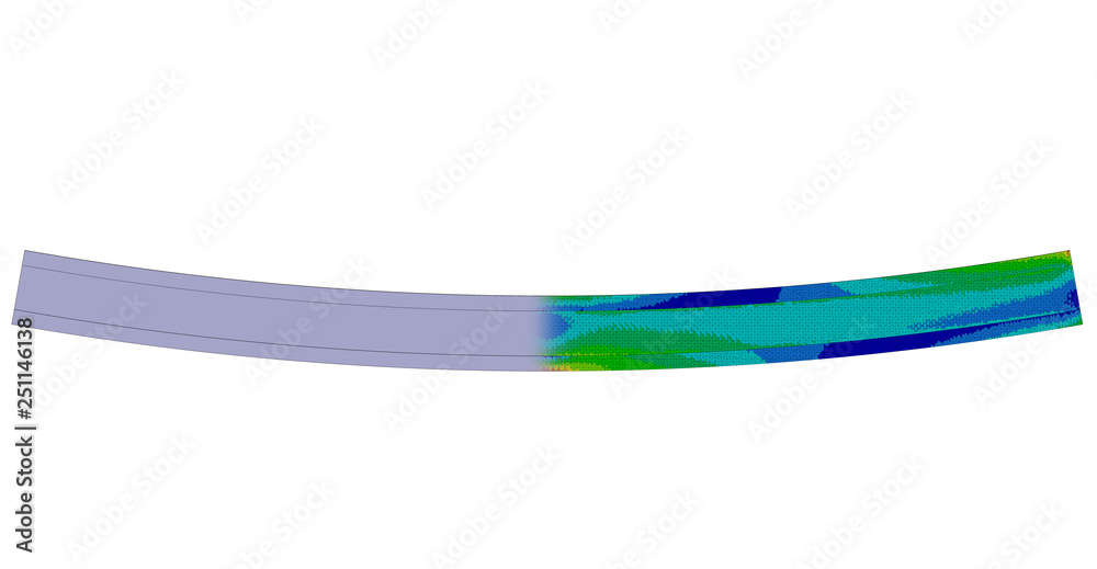 3D Illustration. Side view of a Von Mises stress plot and CAD model blend of an I Beam in bending - obrazy, fototapety, plakaty 