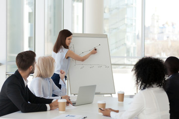 Diverse workers sitting at desk in boardroom listening coach