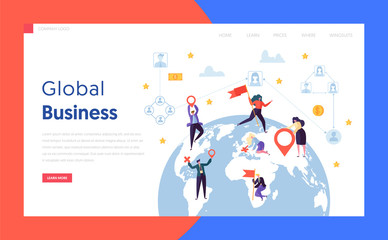 Wall Mural - Flat Worldwide Businessman Concept Landing Page. Earth Globe Design Global Corporate Businessman Found Partnership in World Globe Website or Web Page. Flat Cartoon Vector Illustration