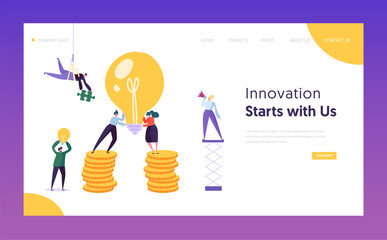 Poster - people working new project concept landing page. creative idea for startup with lightbulb. financial