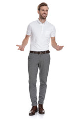 Poster - smiling smart casual man inviting with hands gesture