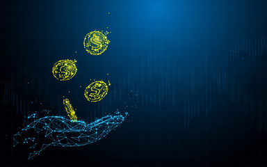 Fototapete - Hand holding coins from lines, triangles and particle style design. Illustration vector