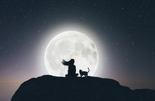 Girl With The Cat On The Cliff Looking To The Moon,3d Rendering