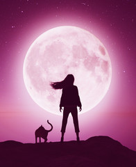 Wall Mural - Girl with the cat on the cliff looking to the moon,3d rendering