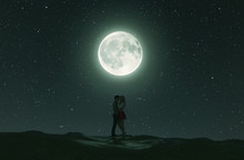 Love Couples Under The Moonlight,3d Rendering