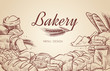 Bakery background. Hand drawn cooking bread bakery bagel breads pastry bake baking culinary vector menu design