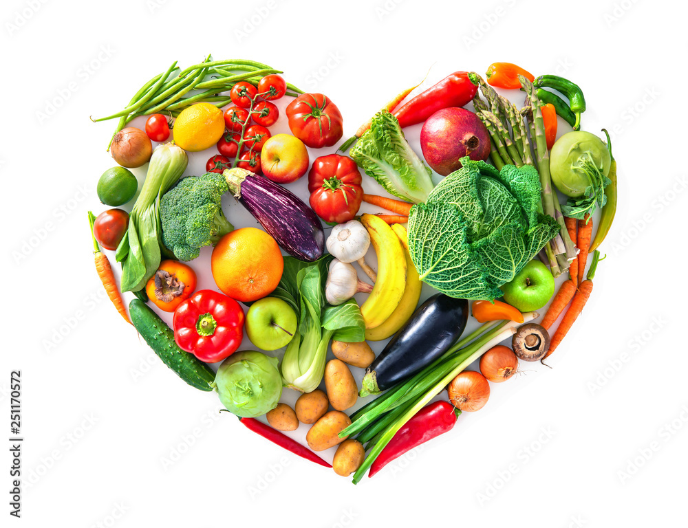 Heart shape by various vegetables and fruits. Healthy food concept - obrazy, fototapety, plakaty 