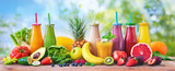 Colorful freshly squeezed fruits and vegetables smoothies with ingredients for healthy eating