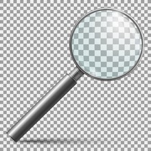 Realistic magnifier. Magnifying glass lens or zooming loupe silver handle instrument isolated vector