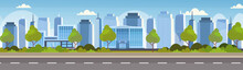 Modern Hospital Clinic And Bank Building Front View Of Financial And Medical Institution Exterior Urban City Panorama Skyscrapers Cityscape Background Skyline Flat Horizontal Banner