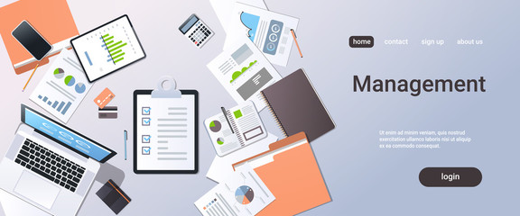 Poster - analysis financial graph business planning management concept top angle view desktop laptop smartphone checklist paper documents report office stuff horizontal copy space