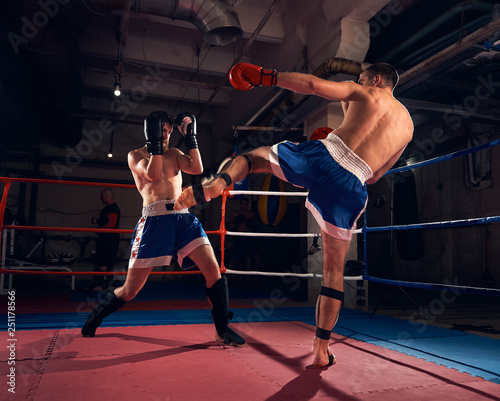 Dekoracja na wymiar  dwoch-przystojnych-mezczyzn-trenujacych-kickboxing-walczacych-na-ringu-w-klubie-fitness