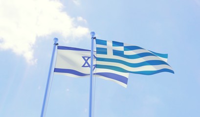 Israel and Greece, two flags waving against blue sky. 3d image