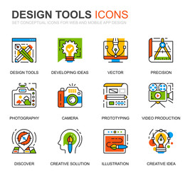 Aufkleber - Simple Set Design Tools Line Icons for Website and Mobile Apps. Contains such Icons as Creative, Developing, Precision, Vision, Sketch. Conceptual color line icon. Vector pictogram pack.