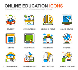 Poster - Simple Set Education and Knowledge Line Icons for Website and Mobile Apps. Contains such Icons as Online Course, University, Studying, Book. Conceptual color line icon. Vector pictogram pack.