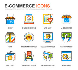 Poster - Simple Set E-Commerce and Shopping Line Icons for Website and Mobile Apps. Contains such Icons as Delivery, Payment, Basket, Customer, Shop. Conceptual color line icon. Vector pictogram pack.