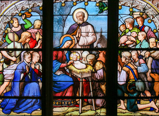 Fototapete - Nativity Scene at Christmas - Stained Glass