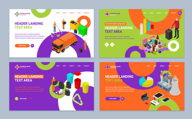 Poster - Garbage Recycling Concept Landing Web Page Template Set 3d Isometric View. Vector