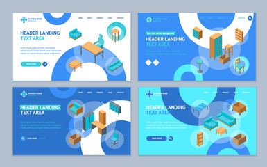 Poster - Office Furniture 3d Landing Web Page Template Set Isometric View. Vector