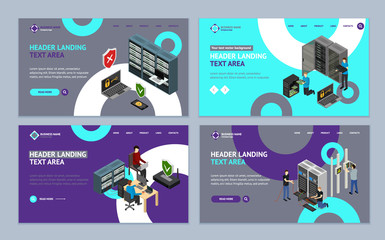 Poster - Server Hardware Landing Web Page Template Set Isometric View. Vector