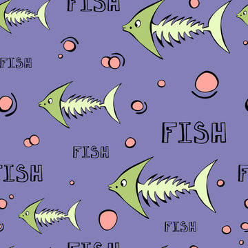 Hand drawn vector seamless pattern. Fish skeleton with pink bubbles, black lettering isolated on blue background. Unique abstract texture for invitations, cards, websites, wrapping paper, textile