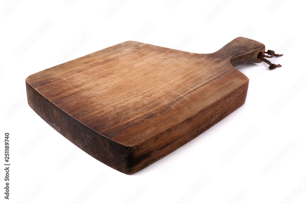Old wooden cutting board on a white background. - obrazy, fototapety, plakaty 