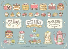 Big Vintage Collection Of Hand-drawn Tea And Kb Bakery. Freehand Drawing, Sketch