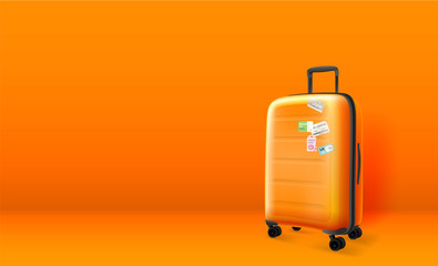 Plastic suitcase on orange background. Copyspace. Vector illustration