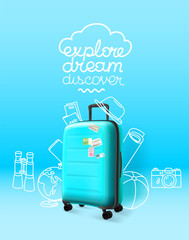 Poster - Blue plastic suitcase on blue background. Explore dream discover