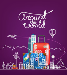 Wall Mural - Around the world concept. Vector illustration with famous sights and travel accessories