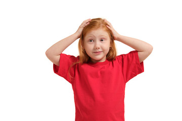 portrait of cute redhead emotional little girl isolated on a white