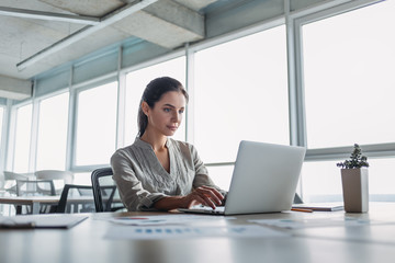 portrait of gorgeous, smiling young female using laptop computer at workplace