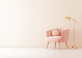 Living room interior wall mock up with pastel coral pink armchair, round pillow and lamp on empty beige wall background. 3D rendering.