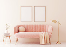 Poster Mock Up With Two Vertical Frames On Beige Wall In Living Room Interior With Pastel Coral Pink Sofa, Lamp And Plant In Vase. 3D Rendering.
