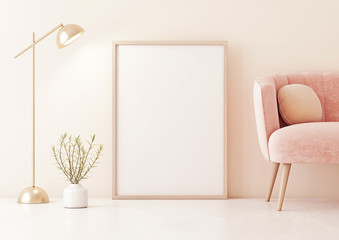 Aufkleber - Poster mock up with vertical frame standing on floor in living room interior with pastel coral pink sofa, lamp and plant in vase on beige wall background. 3D rendering.