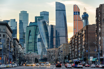 Panorama of Moscow with skyscrapers of Moscow-City at sunset, Russia