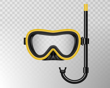 Creative Vector Illustration Of Scuba Diving, Swimming Mask With Snorkel, Goggles, Flippers Isolated On Transparent Background. Art Design Realistic Snorkeling Diver Equipment For Summer Holidays