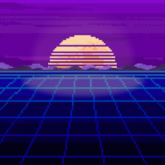 Poster - Vector of pixel city. Pixel art background.   80s Retro Sci-Fi Background. Pixel skyline city. 8 bit.