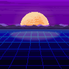 Poster - vector of pixel city. pixel art background. 80s retro sci-fi background. pixel skyline city. 8 bit.