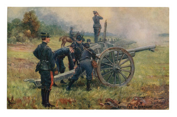 English historical postcard: artillery battery in position firing at the enemy. Artillery servants charge field 75 mm cannon.  world war one 1914-1918. France