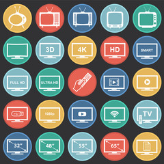 Fototapete - TV icons set on color circles black background for graphic and web design, Modern simple vector sign. Internet concept. Trendy symbol for website design web button or mobile app