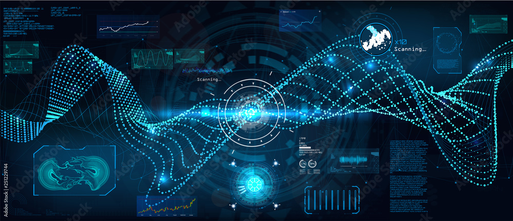 Data flow analysis. Big data algorithms visualization, technologies infographic analytic in HUD style. Futuristic interface. Statistics big data, analytical indicator and biology formuls. Vector Hud - obrazy, fototapety, plakaty 